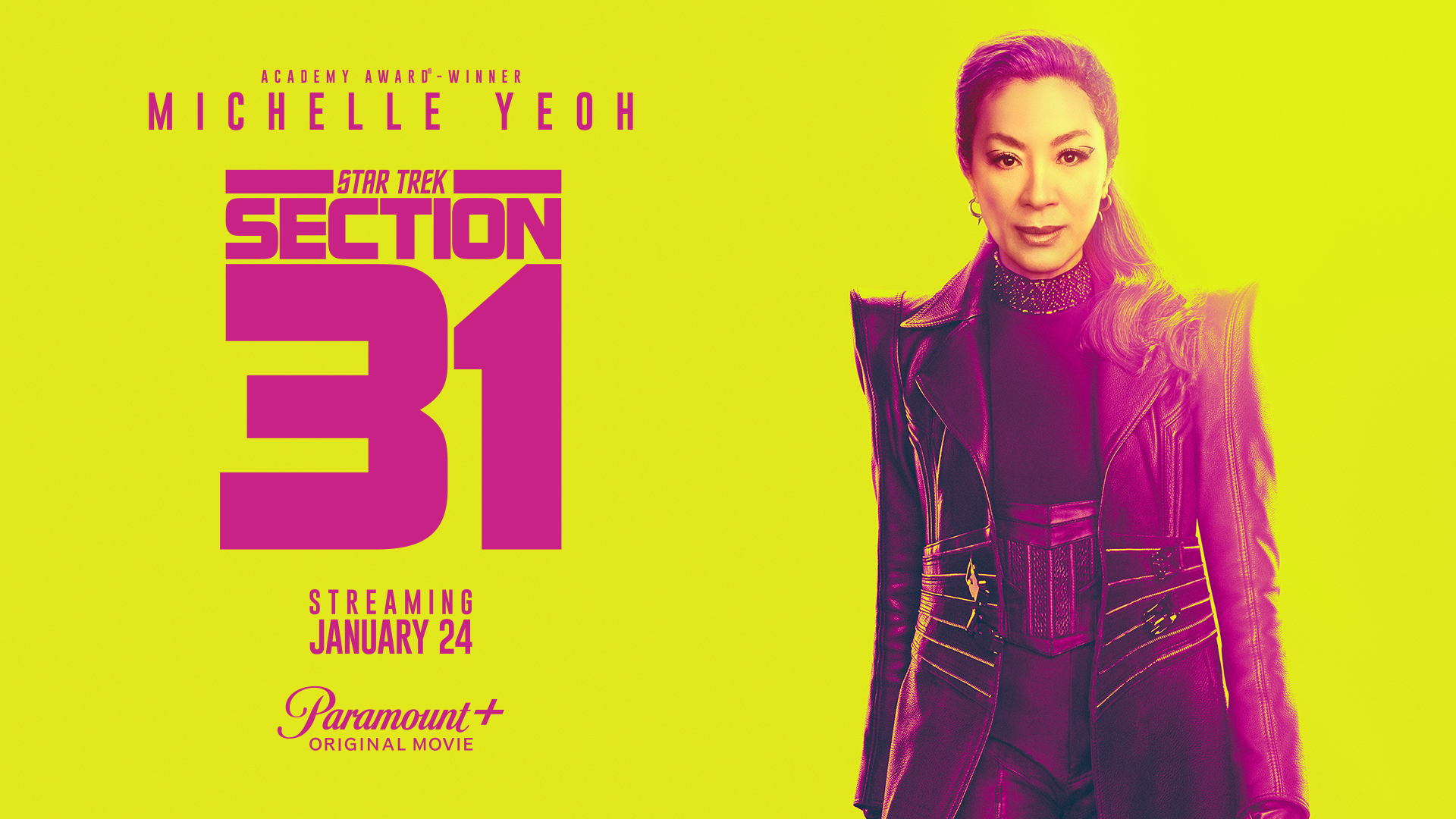 A poster for Star Trek: Section 31: Michelle Yeoh dressed in black leather strides towards the camera. The dominant colours are neon yellow and hot pink.